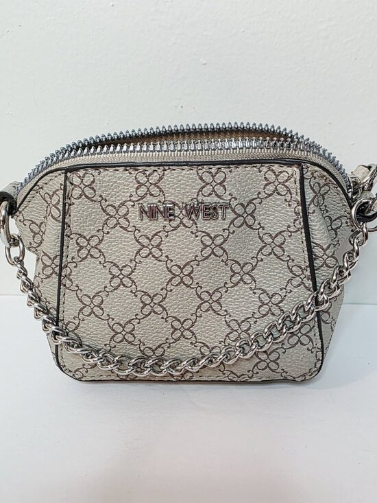 Nine West Leather Mini Cosmetic Handbag Beige Brown Chain Handle Bag Purse - Picture 1 of 6